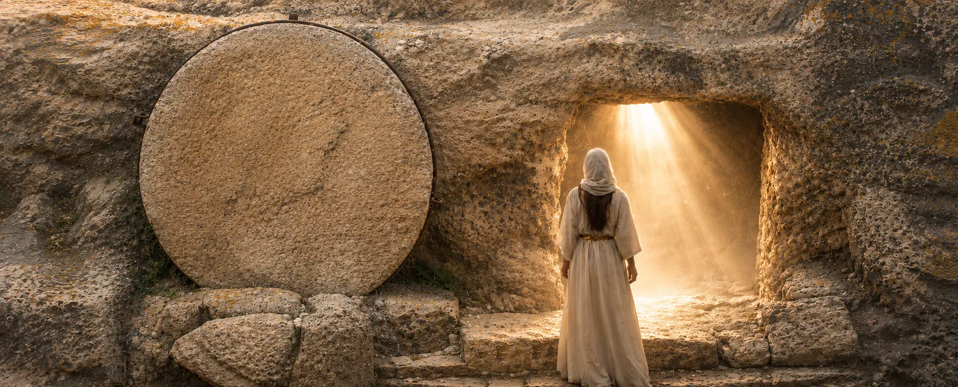 A woman facing the light inside the empty tomb